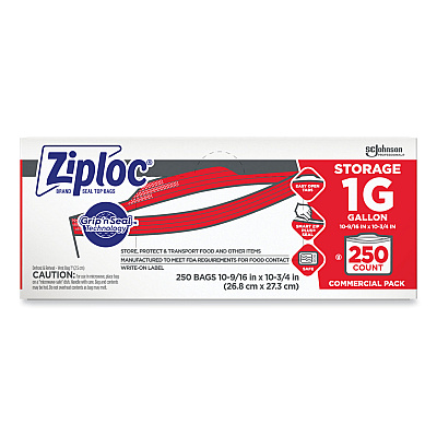 Ziploc Double Zipper Storage Bags, 1 gal, 1.75 mil, 10.56" x 10.75", Clear, 250/Box (682257)
