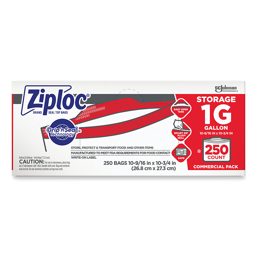 Ziploc Double Zipper Storage Bags, 1 gal, 1.75 mil, 10.56" x 10.75", Clear, 250/Box (682257)