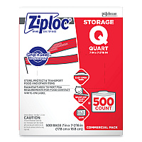 Ziploc Double Zipper Storage Bags, 1 qt, 1.75 mil, 7" x 7.75", Clear, 500/Box (682256)