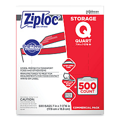 Ziploc Double Zipper Storage Bags, 1 qt, 1.75 mil, 7" x 7.75", Clear, 500/Box (682256)
