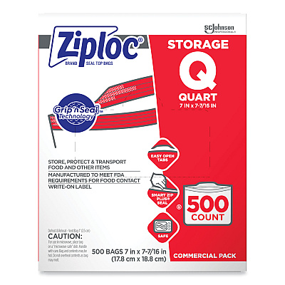 Ziploc Double Zipper Storage Bags, 1 qt, 1.75 mil, 7" x 7.75", Clear, 500/Box (682256)