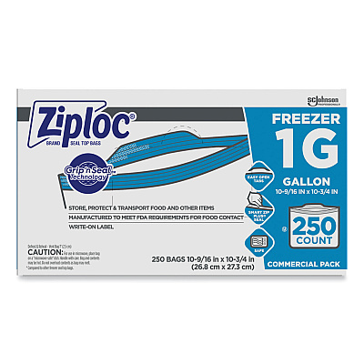 Ziploc Double Zipper Freezer Bags, 1 gal, 2.7 mil, 10.56" x 10.75", Clear, 250/Carton (682258)