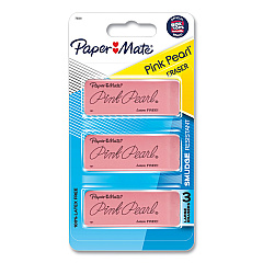 Paper Mate Pink Pearl Eraser, For Pencil Marks, Rectangular Block, Large, Pink, 3/Pack (70501)