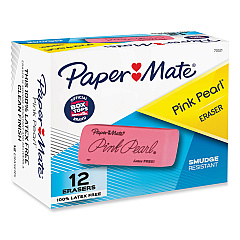 Paper Mate Pink Pearl Eraser, For Pencil Marks, Rectangular Block, Large, Pink, 12/Box (70521)