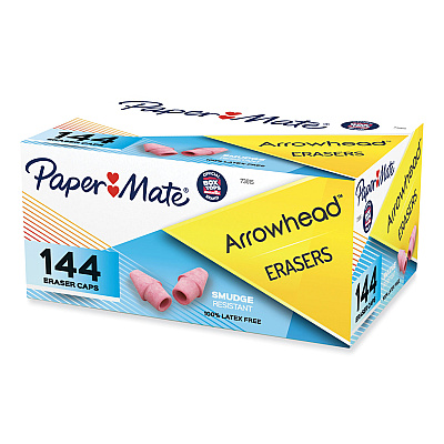 Paper Mate Arrowhead Eraser Caps, For Pencil Marks, Pink, 144/Box (73015)