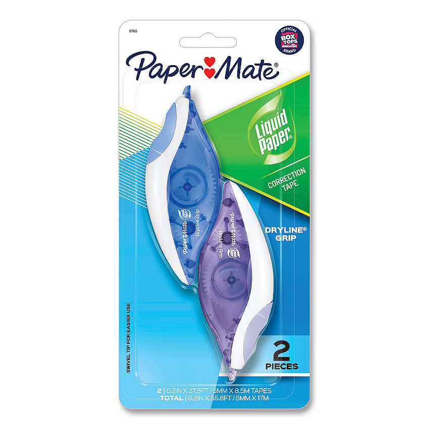 Paper Mate Liquid Paper DryLine Grip Correction Tape, 1/5" x 335", Blue/Purple Dispensers, 2/Pack (87813)