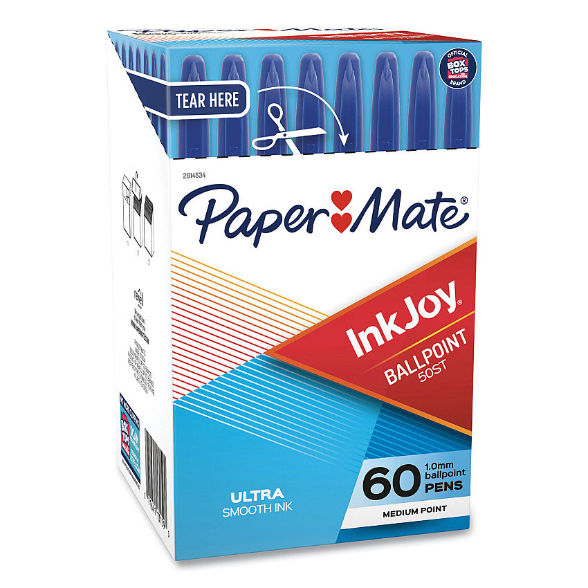 Paper Mate InkJoy 50ST Ballpoint Pen, Stick, Medium 1 mm, Blue Ink, White/Blue Barrel, 60/Pack (2014534)