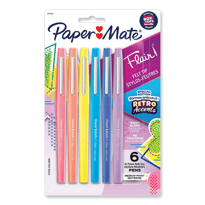 Paper Mate Flair Felt Tip Porous Point Pen, Stick, Medium 0.7 mm, Assorted Ink and Barrel Colors with Retro Accents, 6/Pack (2097888)