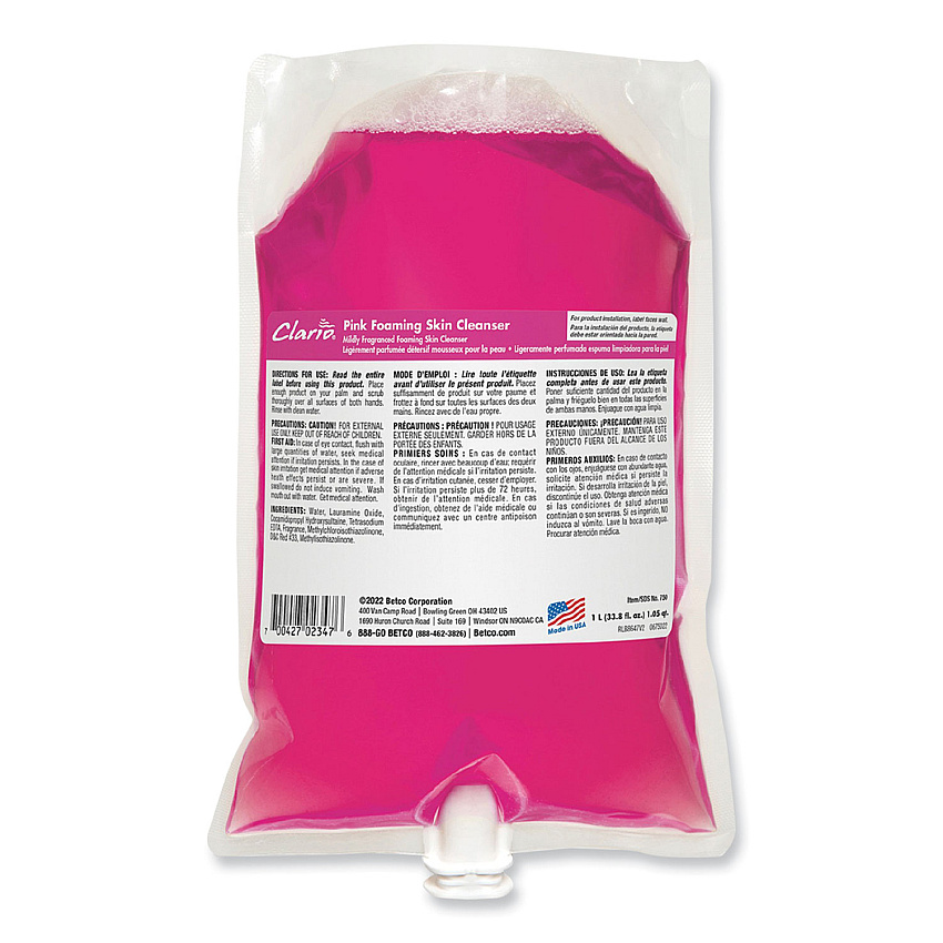 Betco Pink Foaming Skin Cleanser, Fresh, 1,000 mL Refill Bag, 6/Carton (7502900)