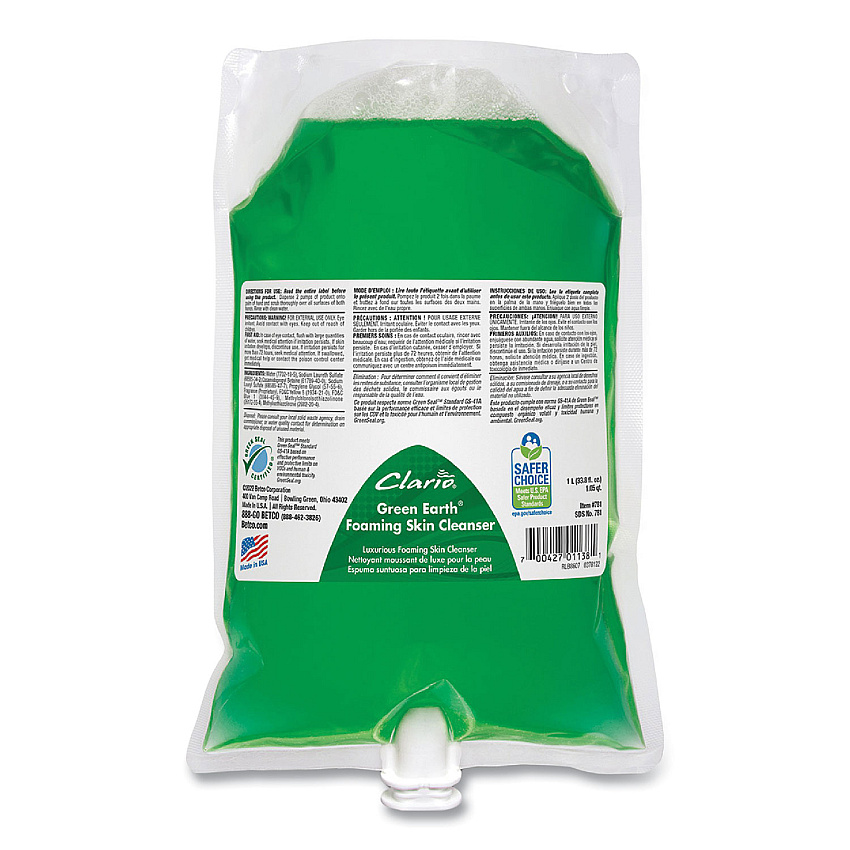 Betco Green Earth Foaming Skin Cleanser Refill, Fresh Meadow, 1,000 mL Refill Bag, 6/Carton (7812900)