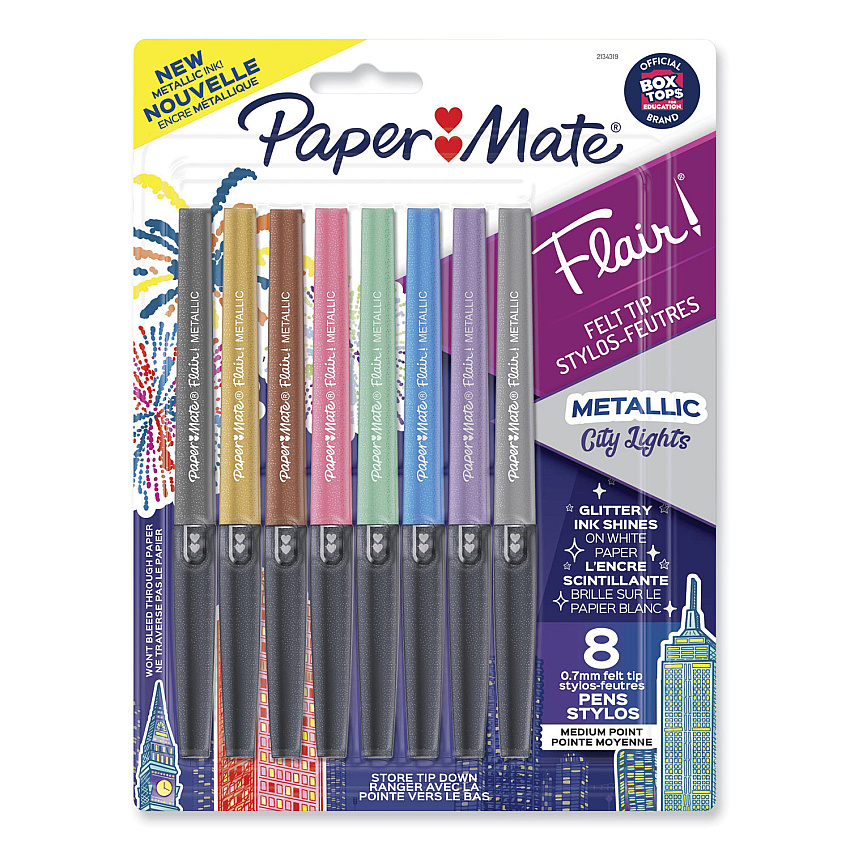 Paper Mate Flair Metallic Porous Point Pen, Stick, Medium 0.7 mm, Assorted Ink and Barrel Colors, 8/Pack (2134319)
