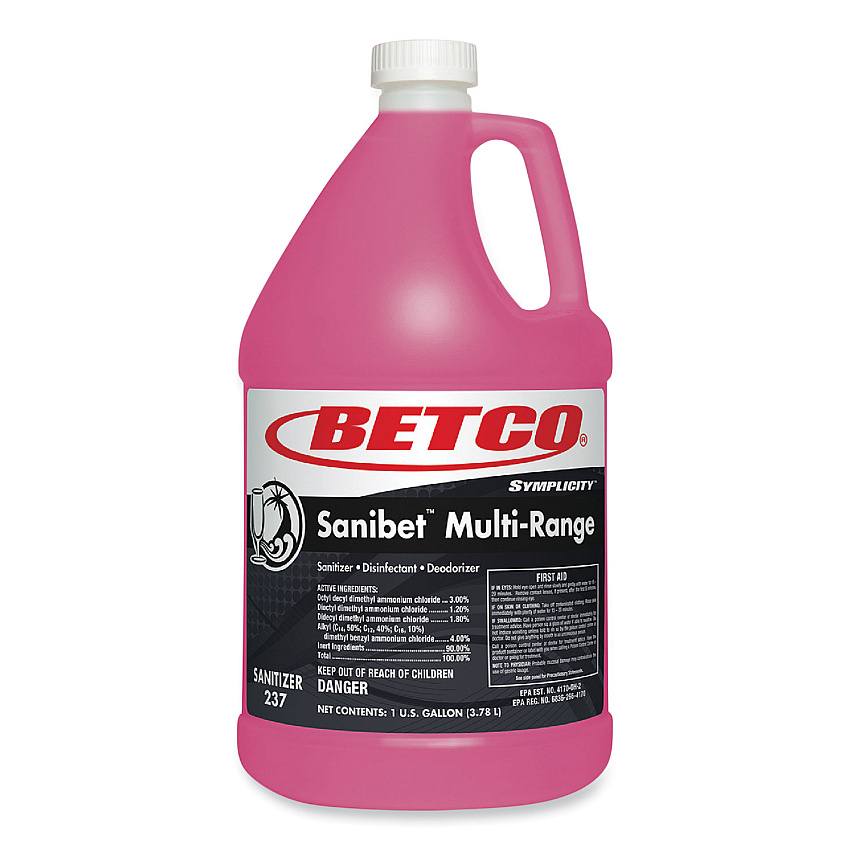Betco Symplicity Sanibet Multi-Range Sanitizer Disinfectant Deodorizer, 1 gal Bottle, 4/Carton (2370400)