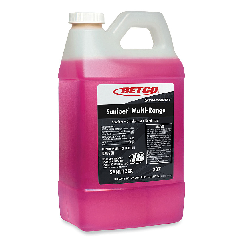 Betco Symplicity Sanibet Multi-Range Sanitizer Disinfectant Deodorizer, 2 L Bottle, 4/Carton (2374700)