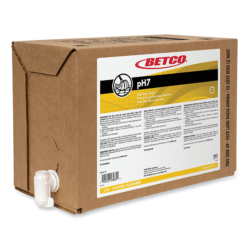 Betco pH7 Floor Cleaner, Lemon Scent, 5 gal Bag-in-Box, 4/Carton (138B500)