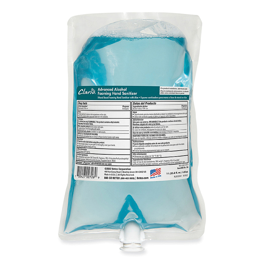 Betco Clario Advanced Alcohol Foaming Sanitizer, 1,000 mL Bag, Citrus, 6/Carton (7952900)