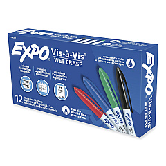 EXPO Vis-a-Vis Wet Erase Marker, Fine Bullet Tip, Assorted, Dozen (2134347)