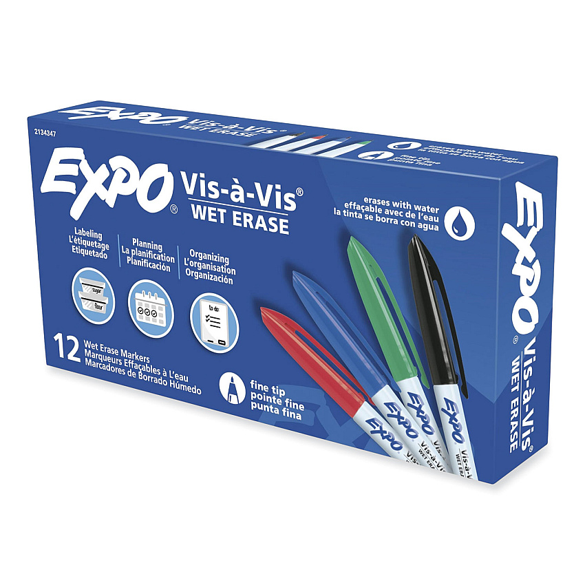 EXPO Vis-a-Vis Wet Erase Marker, Fine Bullet Tip, Assorted, Dozen (2134347)