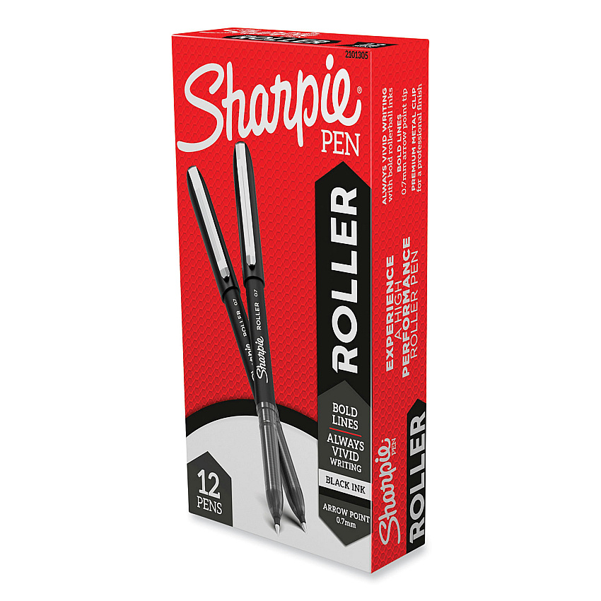Sharpie Roller Professional Design Roller Ball Pen, Stick, Medium 0.7 mm, Black Ink, Black Barrel, Dozen (2101305)