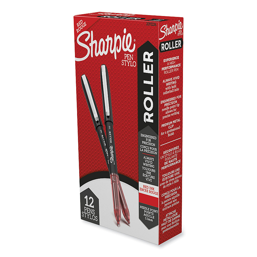 Sharpie Roller Professional Design Roller Ball Pen, Stick, Fine 0.5 mm, Red Ink, Black Barrel, Dozen (2093226)
