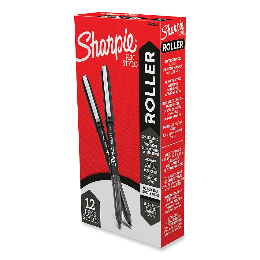 Sharpie Roller Professional Design Roller Ball Pen, Stick, Fine 0.5 mm, Black Ink, Black Barrel, Dozen (2093225)