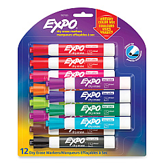 EXPO Low Odor Dry Erase Vibrant Color Markers, Broad Chisel Tip, Assorted Colors, 12/Set (1927525)