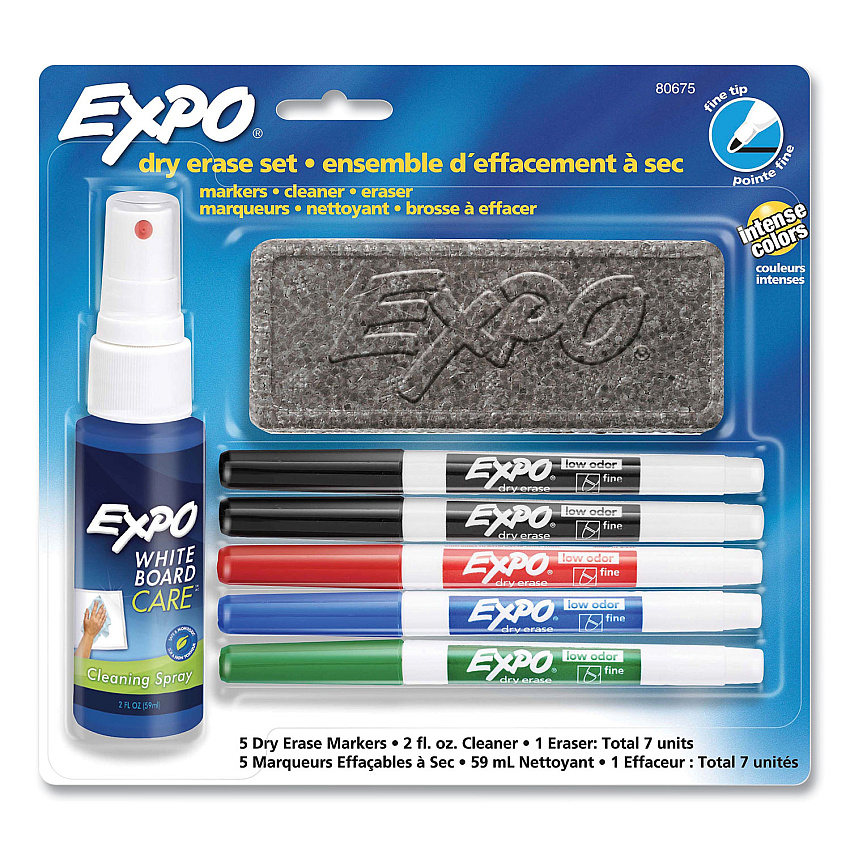 EXPO Dry Erase Marker, Eraser and Cleaner Kit, Fine Bullet Tip, Assorted Colors, 5/Set (80675)