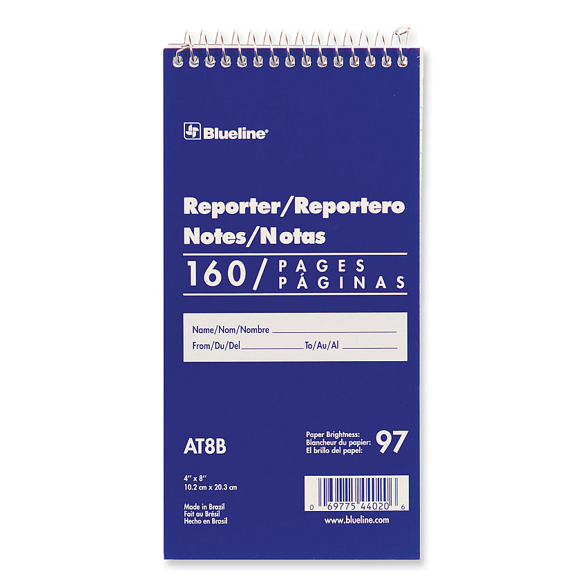 Blueline Reporters Note Pad, Medium/College Rule, Blue Cover, 80 White 4 x 8 Sheets (AT8B)