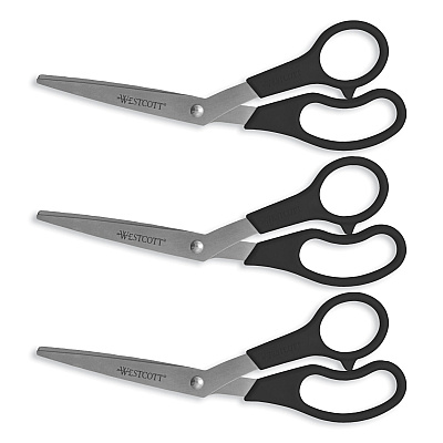 Westcott Value Line Stainless Steel Shears, 8" Long, 3.5" Cut Length, Black Offset Handles, 3/Pack (13402)