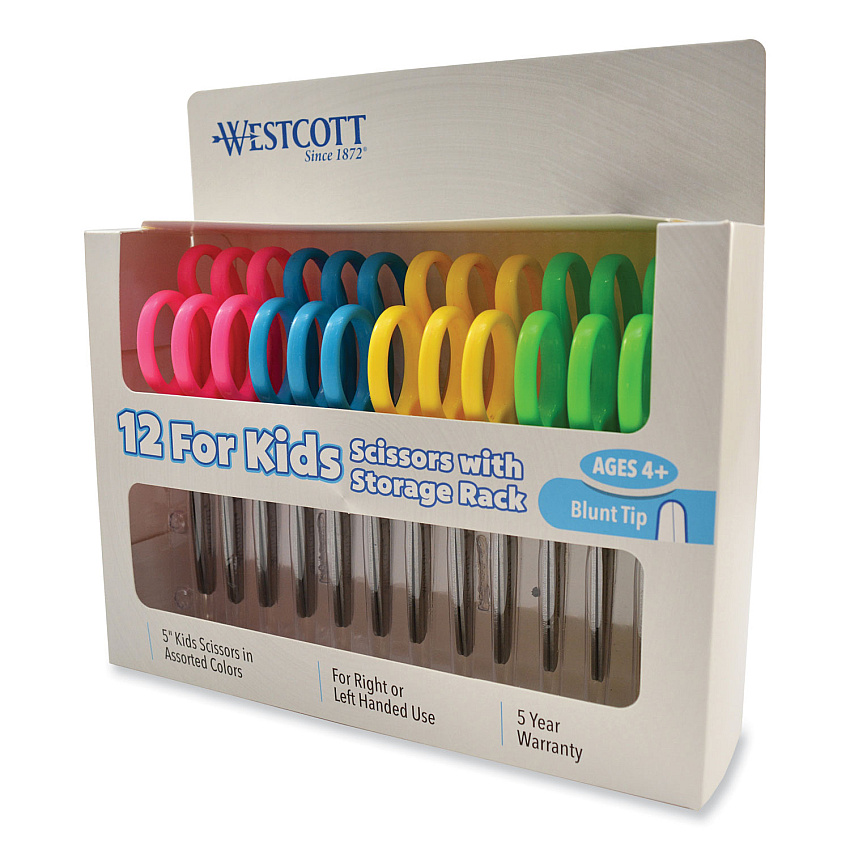 Westcott For Kids Scissors, Blunt Tip, 5" Long, 1.75" Cut Length, Assorted Straight Handles, 12/Pack (13140)