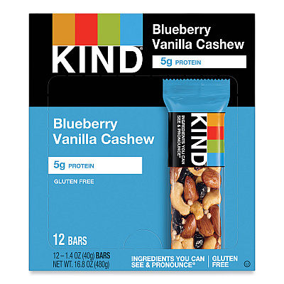 KIND Fruit and Nut Bars, Blueberry Vanilla and Cashew, 1.4 oz Bar, 12/Box (18039)