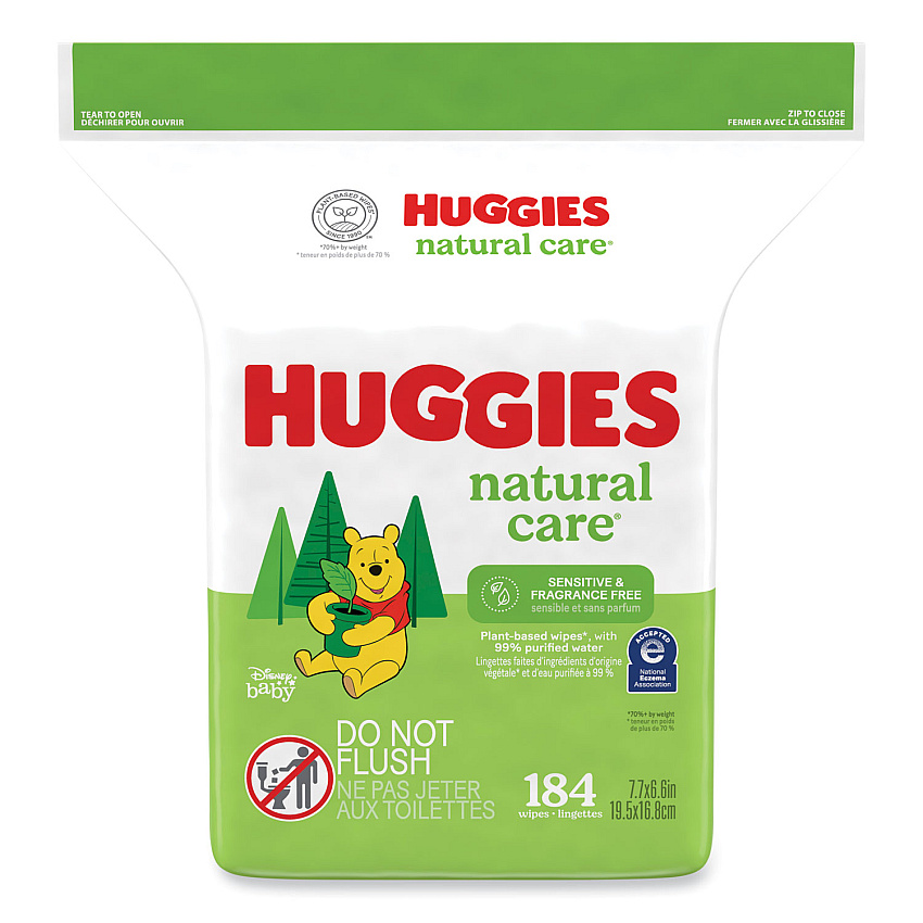 Huggies Natural Care Sensitive Baby Wipes, 3.88 x 6.6, Unscented, White, 184/Pack, 3 Packs/Carton (31816)