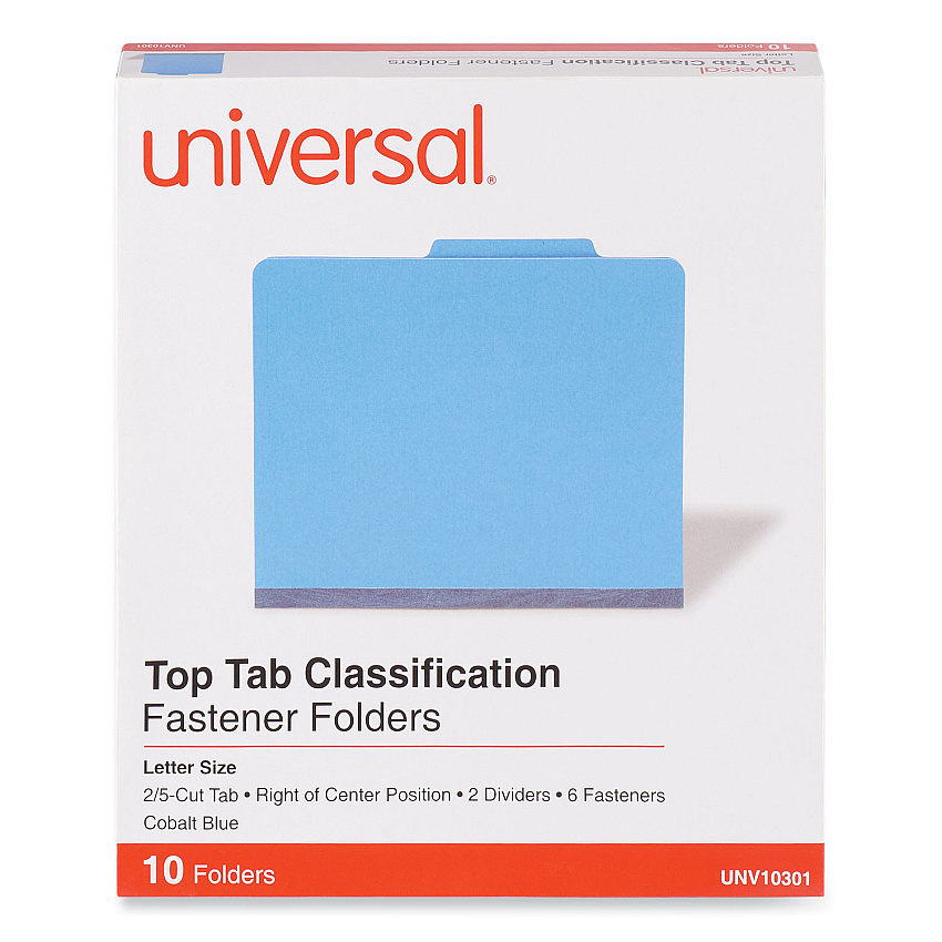Universal Bright Colored Pressboard Classification Folders, 2 Dividers, Letter Size, Cobalt Blue Cover, 10/Box (UNV10301)