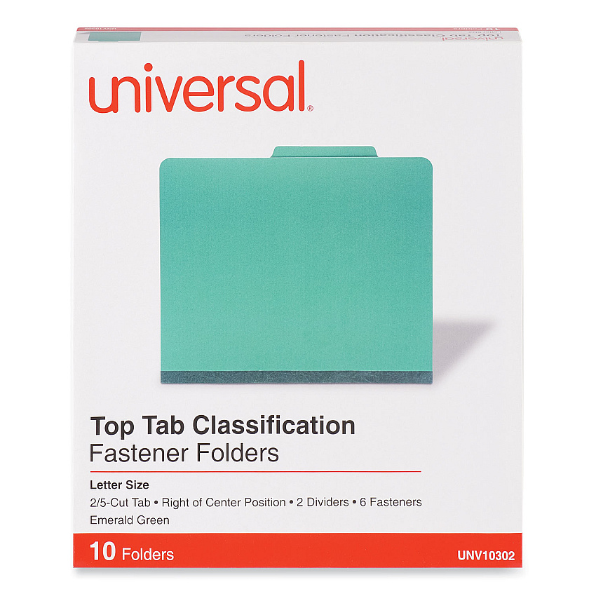 Universal Bright Colored Pressboard Classification Folders, 2 Dividers, Letter Size, Emerald Green, 10/Box (UNV10302)