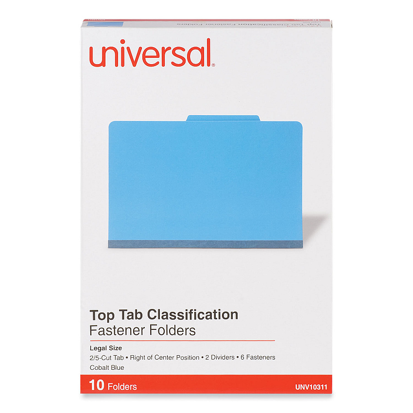Universal Bright Colored Pressboard Classification Folders, 2 Dividers, Legal Size, Cobalt Blue, 10/Box (UNV10311)