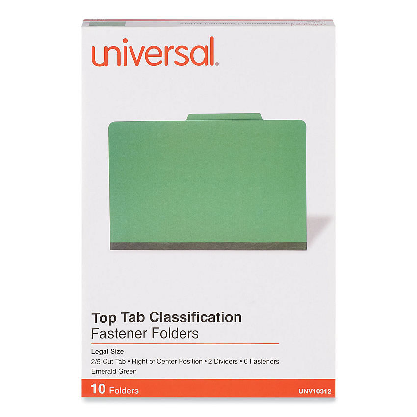 Universal Bright Colored Pressboard Classification Folders, 2 Dividers, Legal Size, Emerald Green, 10/Box (UNV10312)
