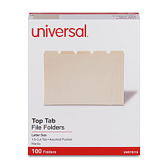 Universal Top Tab Manila File Folders, 1/5-Cut Tabs: Assorted, Letter Size, 0.75" Expansion, Manila, 100/Box (UNV12115)