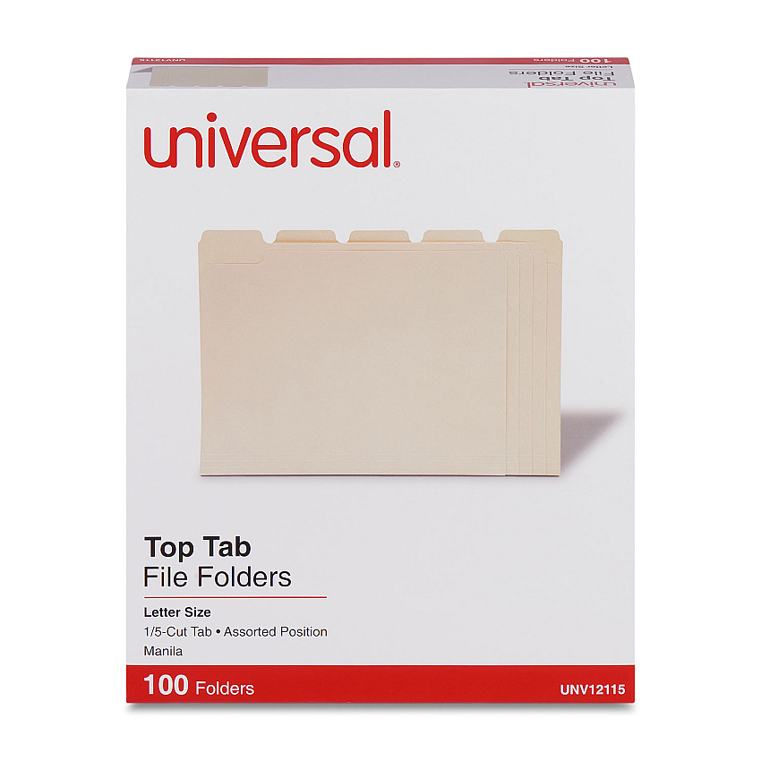 Universal Top Tab Manila File Folders, 1/5-Cut Tabs: Assorted, Letter Size, 0.75" Expansion, Manila, 100/Box (UNV12115)