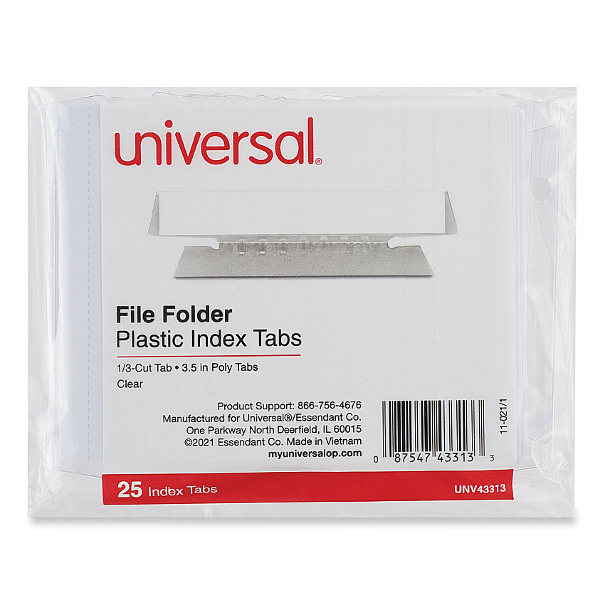Universal Hanging File Folder Plastic Index Tabs, 1/3-Cut Tabs, Clear, 3.5" Wide, 25/Pack (UNV43313)