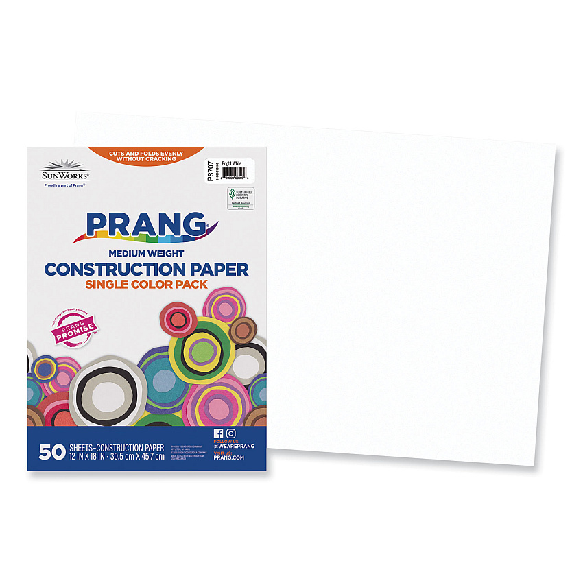 SunWorks Construction Paper, 58 lb Text Weight, 12 x 18, Bright White, 50/Pack (8707)