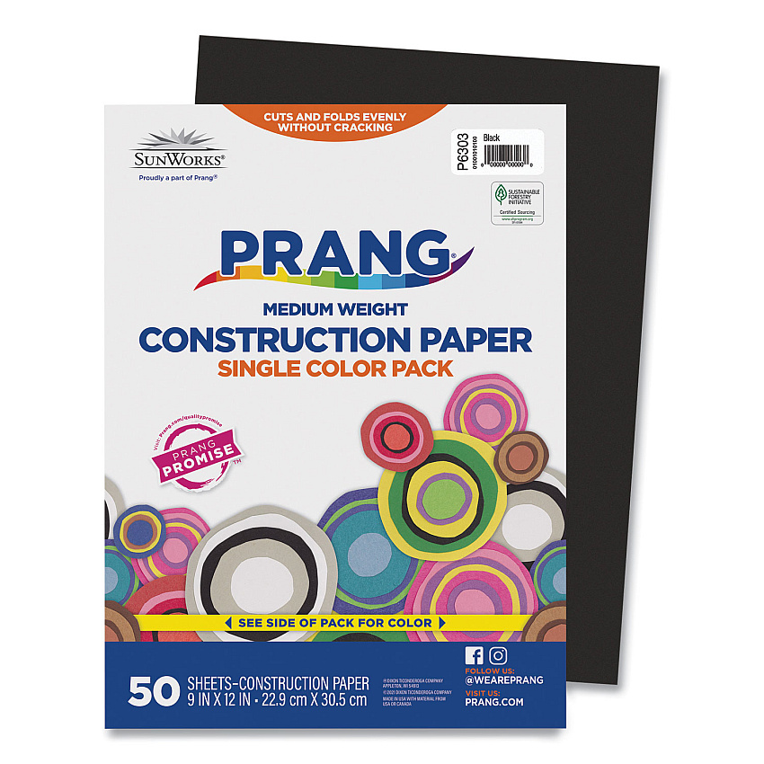 SunWorks Construction Paper, 58 lb Text Weight, 9 x 12, Black, 50/Pack (6303)