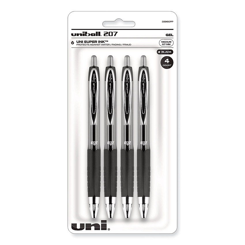 uni-ball Signo 207 Gel Pen, Retractable, Medium 0.7 mm, Black Ink, Translucent Black Barrel, 4/Pack (33960PP)