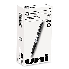 uni-ball Signo Gel Pen, Retractable, Medium 0.7 mm, Black Ink, Black/Metallic Accents Barrel, Dozen (65940)