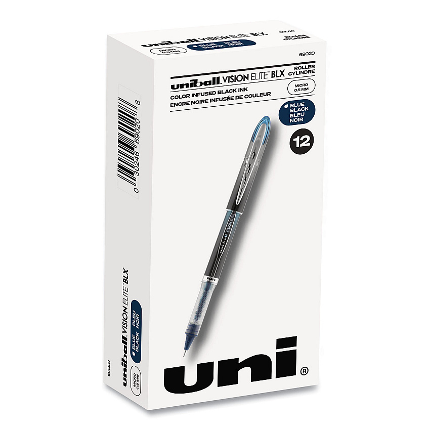 uni-ball VISION ELITE Roller Ball Pen, Stick, Extra-Fine 0.5 mm, Blue-Black Ink, Black/Blue Barrel (69020)