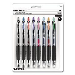 uni-ball Signo 207 Gel Pen, Retractable, Medium 0.7 mm, Assorted Ink Colors, Black Barrel, 8/Pack (40110)