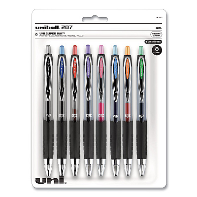 uni-ball Signo 207 Gel Pen, Retractable, Medium 0.7 mm, Assorted Ink Colors, Black Barrel, 8/Pack (40110)