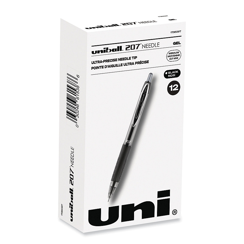 uni-ball Signo 207 Needle Point Gel Pen, Retractable, Medium 0.7 mm, Black Ink, Black Barrel, Dozen (1736097)