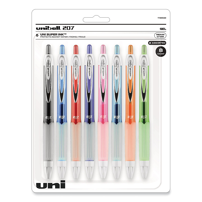 uni-ball Signo 207 Gel Pen, Retractable, Medium 0.7 mm, Assorted Ink and Barrel Colors, 8/Pack (1739929)