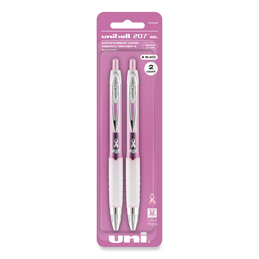 uni-ball Signo 207 Gel Pen, Retractable, Medium 0.7 mm, Black Ink, Pink Barrel, 2/Pack (1745148)