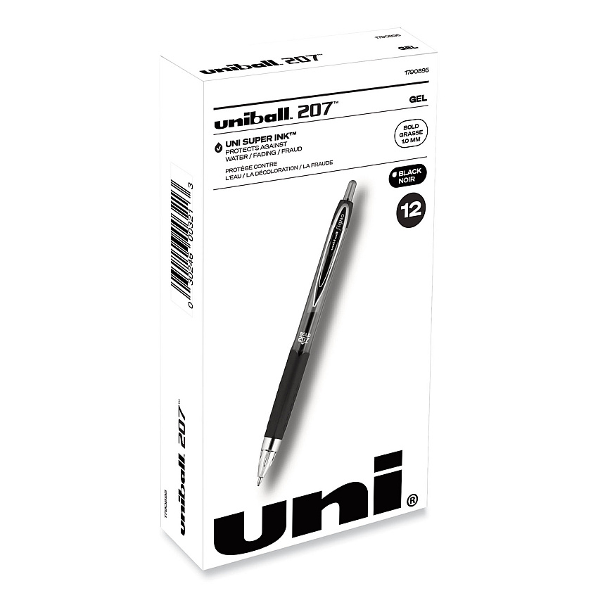 uni-ball Signo 207 Gel Pen, Retractable, Bold 1 mm, Black Ink, Translucent Black Barrel, Dozen (1790895)