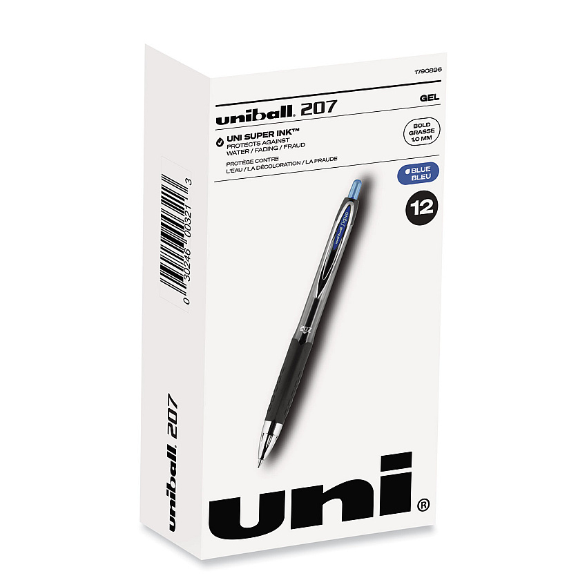 uni-ball Signo 207 Gel Pen, Retractable, Bold 1 mm, Blue Ink, Black/Blue Barrel, Dozen (1790896)